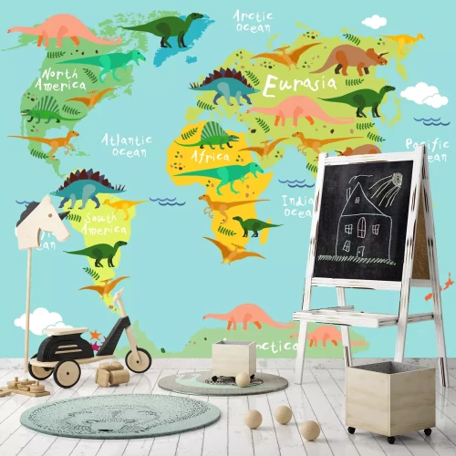Fotobehang Wereldkaart voor kinderen met dinosaurussen