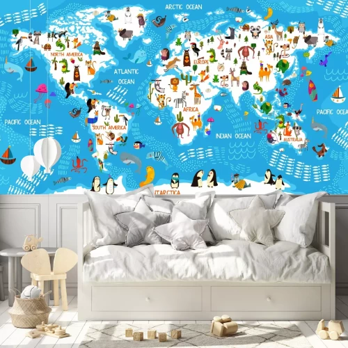 Fotobehang Wereldkaart voor kinderen met oceanen en dieren
