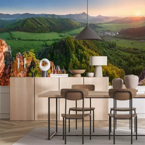 Fotobehang Zonsondergang en panorama van de bergen