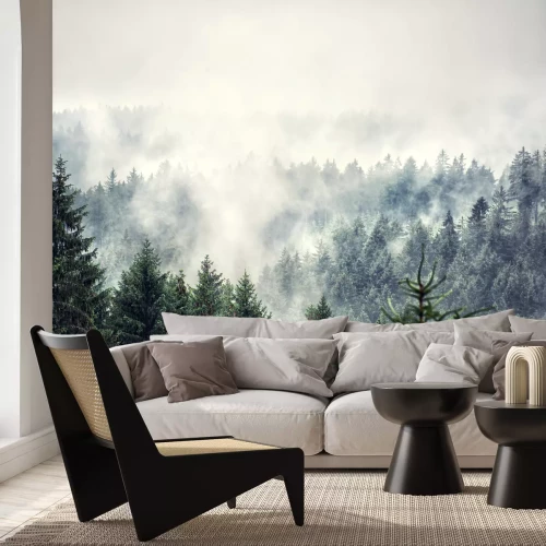 Fotobehang Uitzicht op een mistig bos