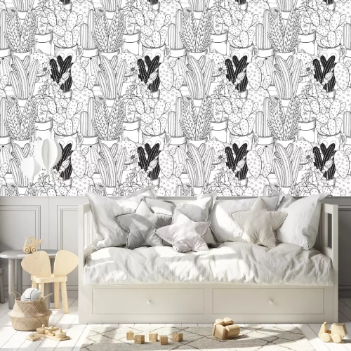 Behang naadloos patroon. Set van cactussen. Zwart en wit vectorillustratie.