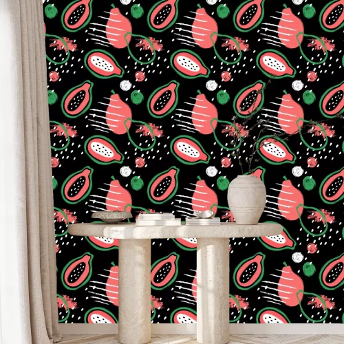 Behang Vruchten in abstracte kleuren op een zwarte achtergrond