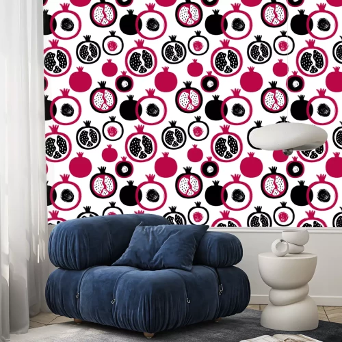 Behang Zwarte en marineblauwe granaatappels op een witte achtergrond