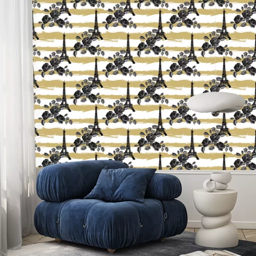 Behang Naadloos Parijs-patroon met de toren van Eiffel en rozenbloemen. Franse vector achtergrond. Perfect voor achtergronden, webpagina's, oppervlakte texturen, textiel, uitnodigingen, kleding, kaarten, ont