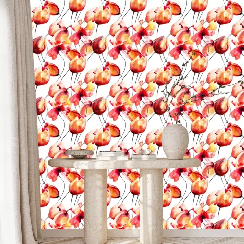 Behang Rode tulpen geschilderd in aquarel