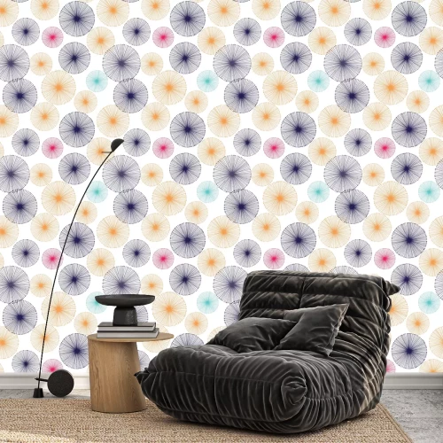 Behang Paardebloemen in geel roze turkoois en donkerblauw