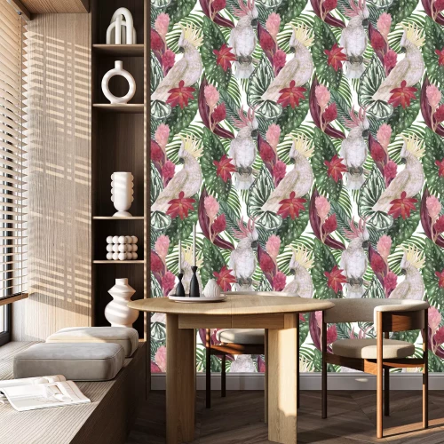 Behang Kaketoe papegaaien en bladeren