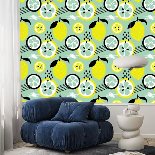 Behang Stukjes en schijfjes citroenen op een mariene achtergrond