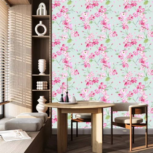 Behang Bloeiende lente bloemen patroon achtergrond. Naadloze modeafdruk in vector