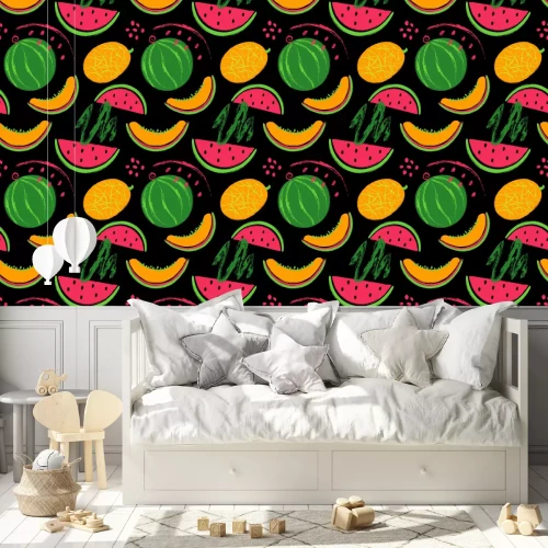 Behang Tropisch fruit geschilderd op een zwarte achtergrond