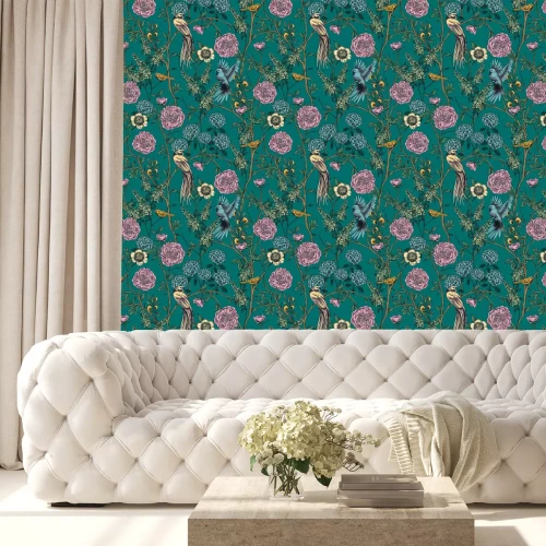 Behang Kleurrijke vogels op bomen met bloemen