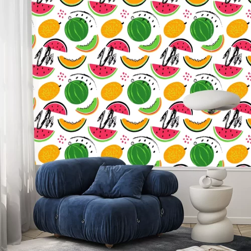 Behang Vruchten van verschillende kleuren met gekleurde stippen