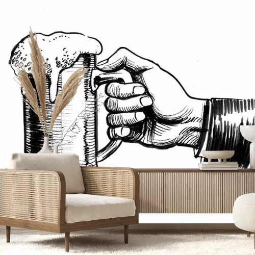Sticker Inkt zwart-witte tekening van een hand die een biermok houdt