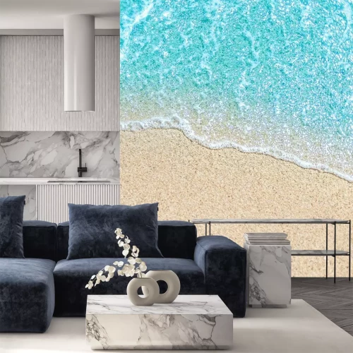 Sticker Zee strand en zachte golf van blauwe oceaan. Zomervakantie en reizen concept. Ruimte kopiëren