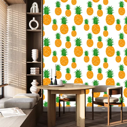 Behang Ananas met bladeren op een witte achtergrond