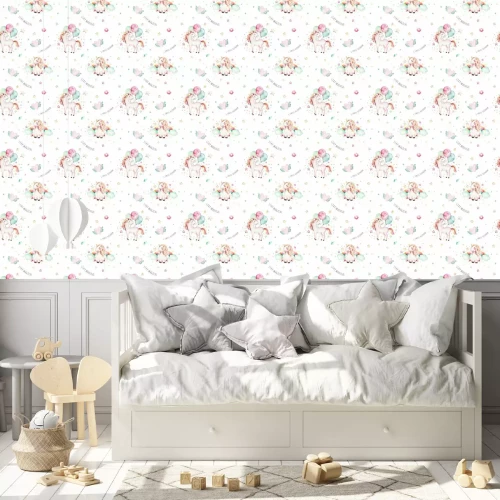 Behang Eenhoorns met ballonnen