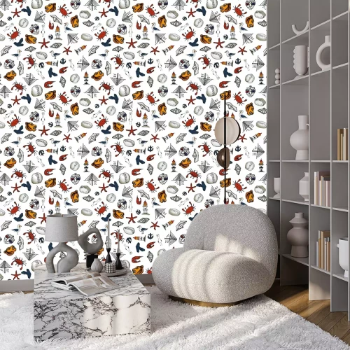 Behang Zeemeeuwkrabben en papieren schepen voor kinderen