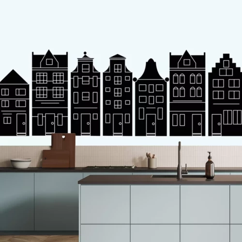 Sticker Vectorillustratie van verschillende Nederlandse huizen. Amsterdamse straat silhouetten.