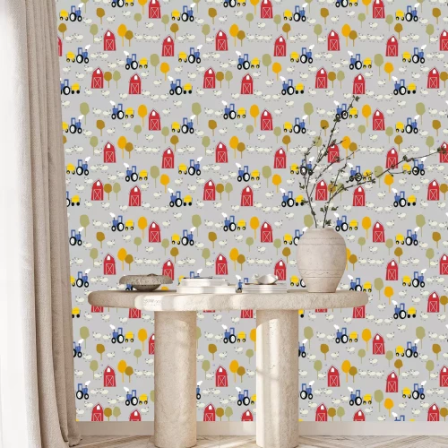 Behang Rode schuur en het naadloze patroon van de schapenboerderij