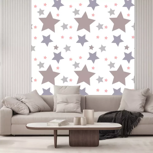 Sticker Naadloos vectorpatroon met gekleurde sterren van diverse grootte op witte achtergrond.