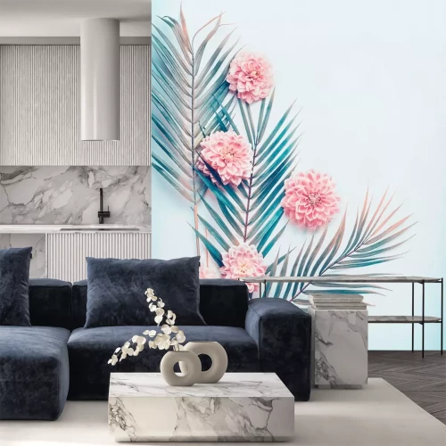 Sticker Bloemen en bladeren op een blauwe achtergrond