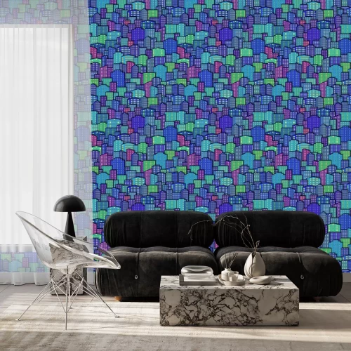 Behang Horizontaal Naadloos Landschap, Stedelijke Achtergrond, Dagstad met Kleurrijke Beeldverhaalwolkenkrabbers onder Blauwe Hemel. Vector