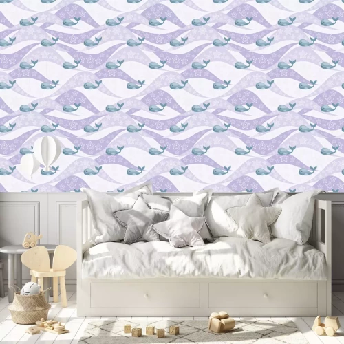Behang Walvis en sterren op paarse golven