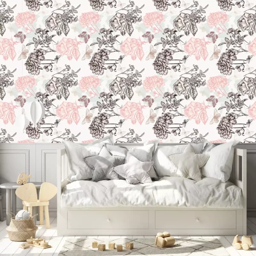 Behang Zwart-witte grafische rozen en vlinders