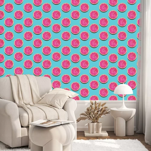 Behang Roze grapefruits op een blauwe achtergrond