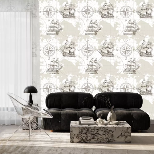 Behang Hand getrokken vector naadloze overzeese kaart met kompas en varend schip. Perfect voor textiel, behang en prints.