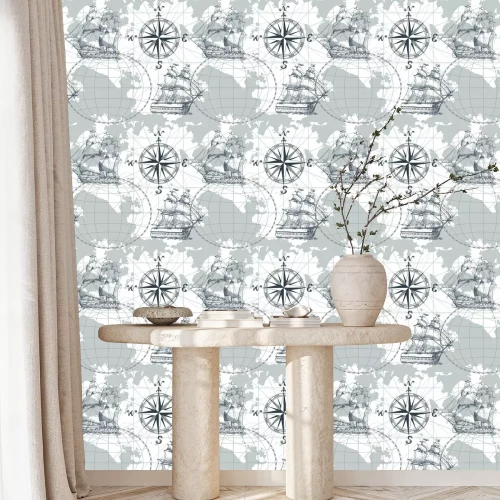 Behang Hand getrokken vector naadloze overzeese kaart met kompas en varend schip. Perfect voor textiel, behang en prints.