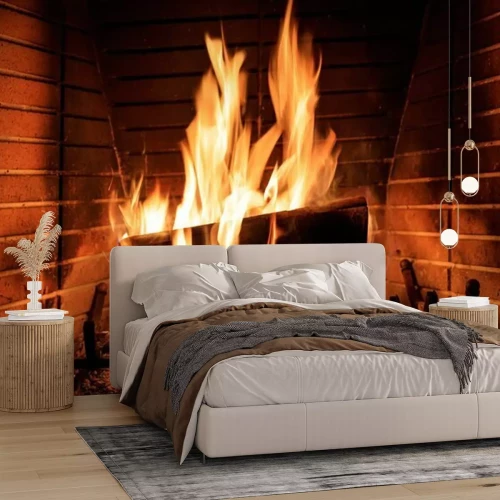 Fotobehang Houtblokken branden in de open haard