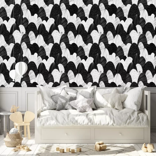 Behang Vector naadloze krabbelachtergrond met abstracte geweven bergen. Creatieve natuur illustratie. Hand getekend zwart wit landschap.