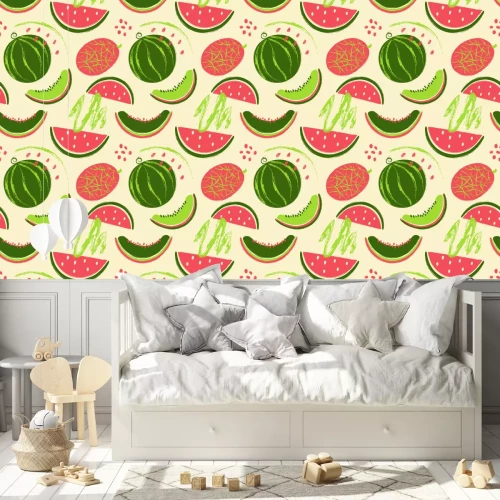 Behang Groene en roze watermeloenvruchten op een poederachtige achtergrond