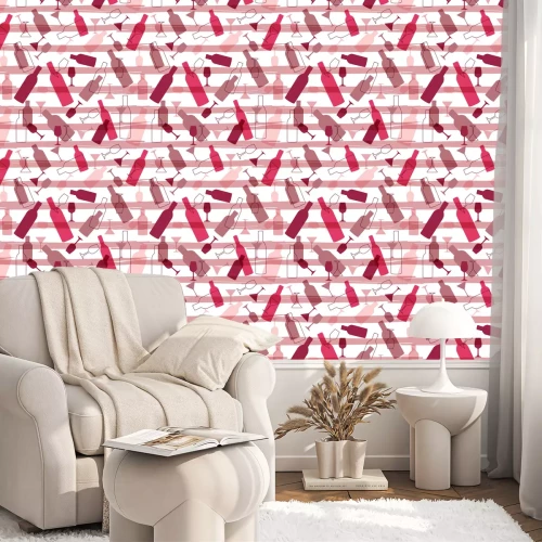 Behang Naadloze achtergrond met wijnflessen en glazen. Helder kleurenpatroon voor Web, affiche, textiel, druk ander ontwerp