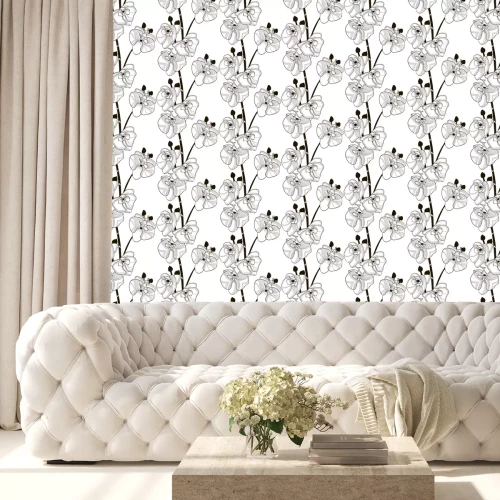 Behang Vector zwart naadloos patroon met getrokken orchideebloemen