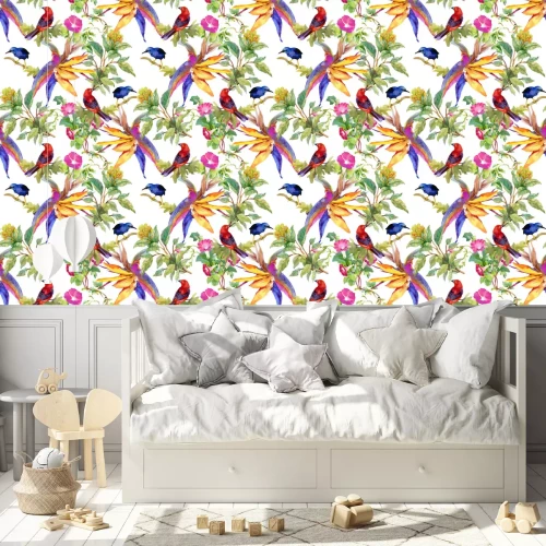 Behang Waterverfhand getrokken naadloos patroon met mooie bloemen en kleurrijke vogels op witte achtergrond.