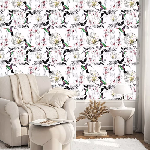 Behang Waterverfhand getrokken naadloos patroon met mooie bloemen en kleurrijke vogels op witte achtergrond.