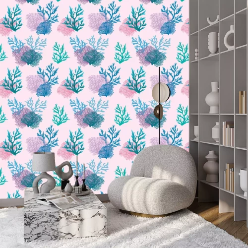 Behang Koraalriffen op een roze achtergrond
