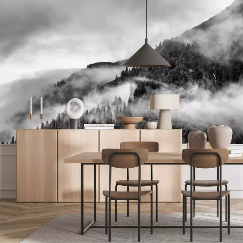 Fotobehang Bos zwart-wit in de mist