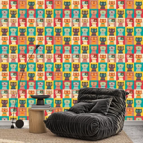 Behang Gekleurde katten met bril en strikjes