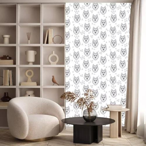 Behang Zwart-witte wolvenkoppen met driehoeken