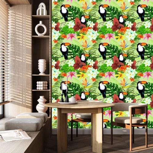 Behang Naadloos patroon met tropische bloemen en vogels