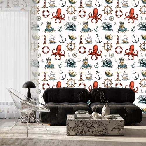 Behang De golven en de vuurtoren van de zeemansreddingsboei