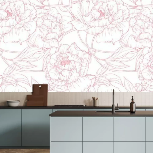 Fotobehang Patroon met contouren van roze pioenrozen