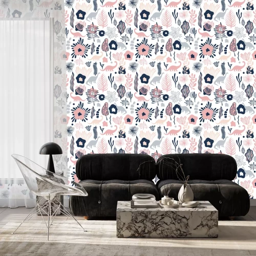 Behang Vector naadloos patroon met fantastische bloemen en dinosaurussen.