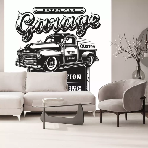 Sticker Retro autoreparatiegarage ondertekenen met retro stijlvrachtwagen. Aangepaste restauratiewinkel.