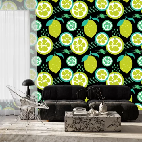 Behang Citroenschijfjes op een zwarte achtergrond