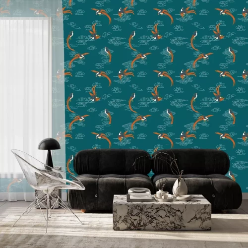 Behang Turkoois water en oranje vogels