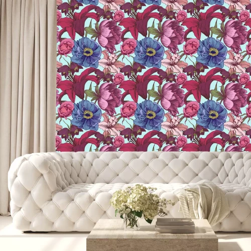 Behang Pioenrozen vintage grafische lelies en goudsbloemen